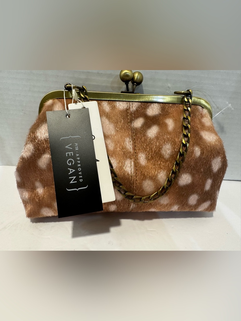 Vegan Faux Fur Deer-Print Frame Clutch - Brown